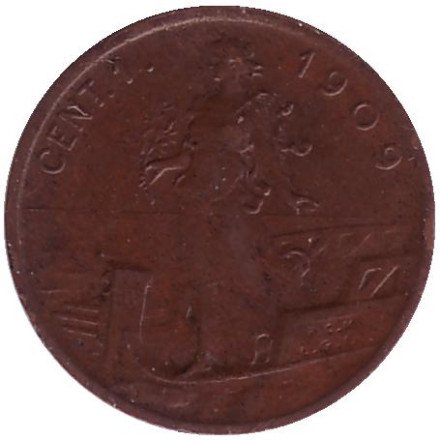 Монета 1 чентезимо. 1909 год, Италия.
