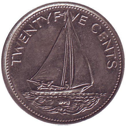 Монета 25 центов. 1981 год, Багамские острова. Парусник.