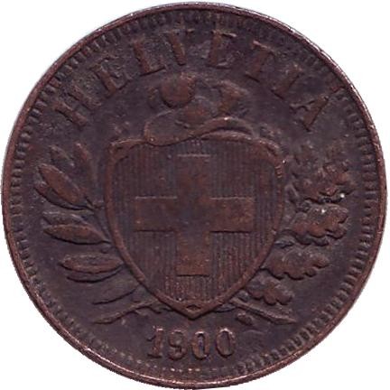 Монета 2 раппена. 1900 год, Швейцария. Монета 2 раппена. 1900 год, Швейцария.