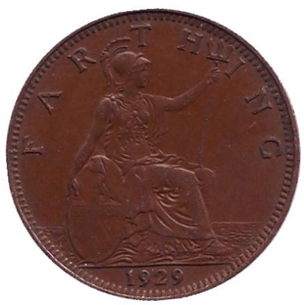 Монета 1 фартинг. 1929 год, Великобритания.
