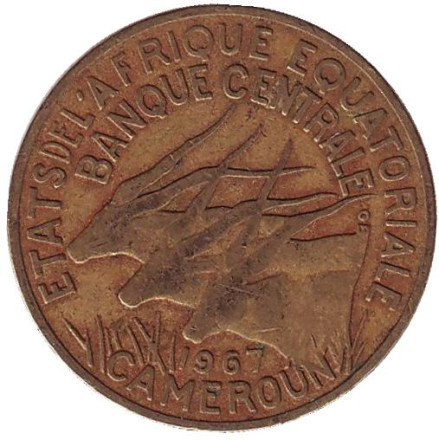 Монета 10 франков. 1967 год, Камерун. Африканские антилопы. (Западные канны).