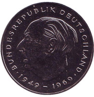 Теодор Хойс. Монета 2 марки. 1983 год (D), ФРГ. UNC.