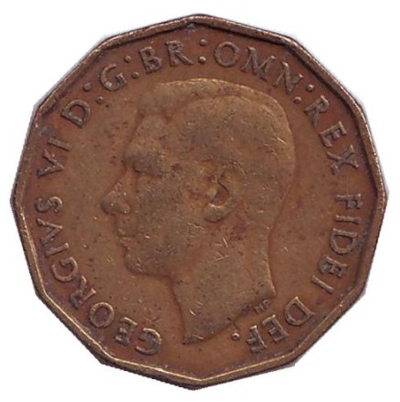 Монета 3 пенса. 1950 год, Великобритания. Лук-порей. Монета 3 пенса. 1950 год, Великобритания. Лук-порей.