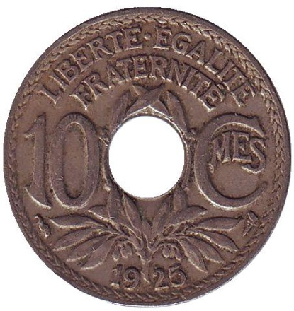 Монета 10 сантимов. 1925 год, Франция.