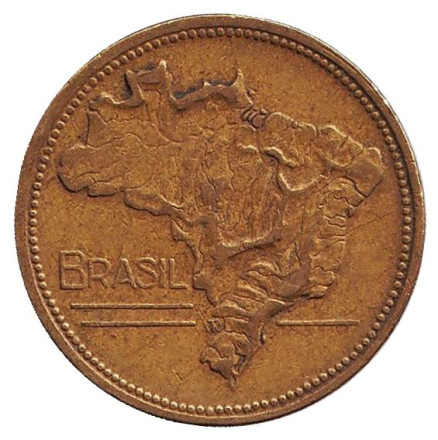 Монета 2 крузейро. 1943 год, Бразилия. Карта Бразилии.