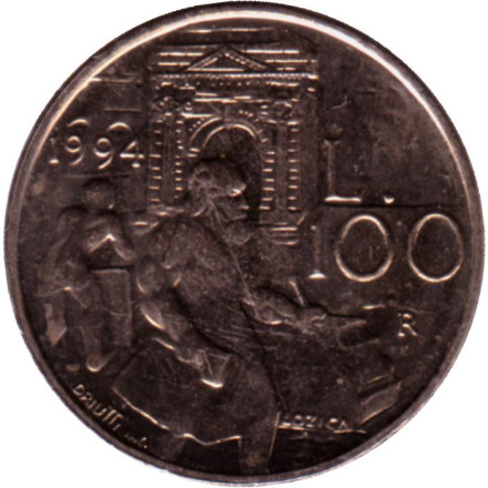 Монета 100 лир. 1994 год, Сан-Марино. Каменщик.
