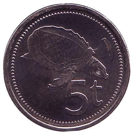 Монета 5 тойа, 2005 год, Папуа-Новая Гвинея. Свиноносая черепаха.