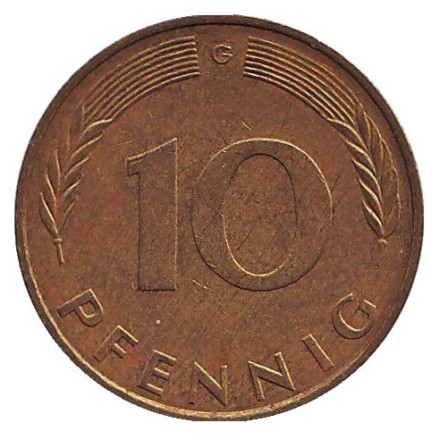 Монета 10 пфеннигов. 1973 год (G), ФРГ. Дубовые листья.