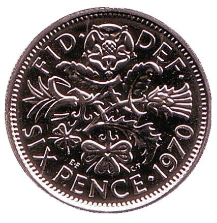 Монета 6 пенсов. 1970 год, Великобритания. Флора: лук-порей, роза, чертополох и трилистник.