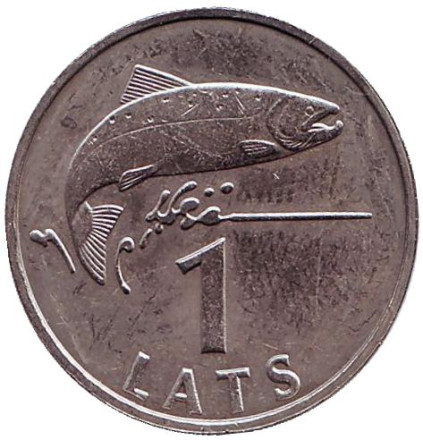 Монета 1 лат, 2007 год, Латвия. Рыба.