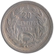 Монета 20 сентаво. 1939 год, Чили. Монета 20 сентаво. 1939 год, Чили.