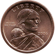 Сакагавея (Парящий орел), серия "Коренные американцы". 1 доллар, 2006 год (P), США. Сакагавея (Парящий орел), серия "Коренные американцы". 1 доллар, 2006 год (P), США.