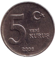 Монета 5 курушей. 2008 год, Турция. Монета 5 курушей. 2008 год, Турция.