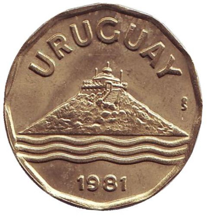 Монета 20 сентесимо. 1981 год, Уругвай. Здание на холме.