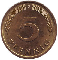 Дубовые листья. Монета 5 пфеннигов. 1983 год (G), ФРГ.