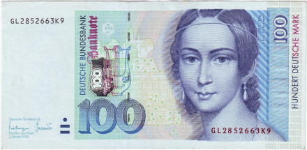 Банкнота 100 марок. 1996 год, ФРГ. Клара Шуман. Рояль.
