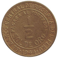 Монета 1/2 соля. 1944 год, Перу. Монета 1/2 соля. 1944 год, Перу.