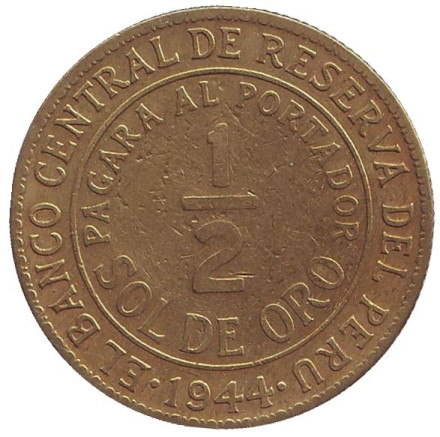 Монета 1/2 соля. 1944 год, Перу.
