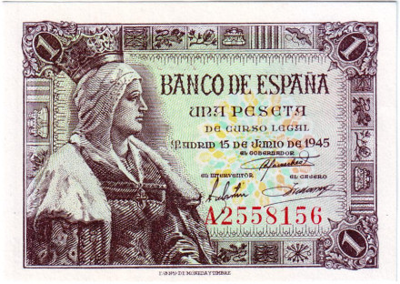 Банкнота 1 песета. 1945 год, Испания. Изабелла I Кастильская.