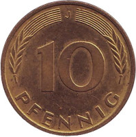 Дубовые листья. Монета 10 пфеннигов. 1994 год (J), ФРГ.