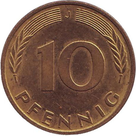 Монета 10 пфеннигов. 1994 год (J), ФРГ. Дубовые листья.