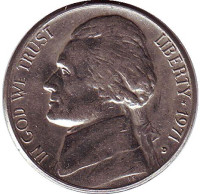 Джефферсон. Монтичелло. Монета 5 центов. 1971 год (D), США.