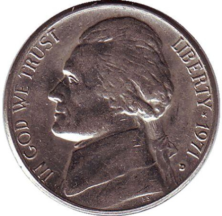 Монета 5 центов. 1971 год (D), США. Джефферсон. Монтичелло.