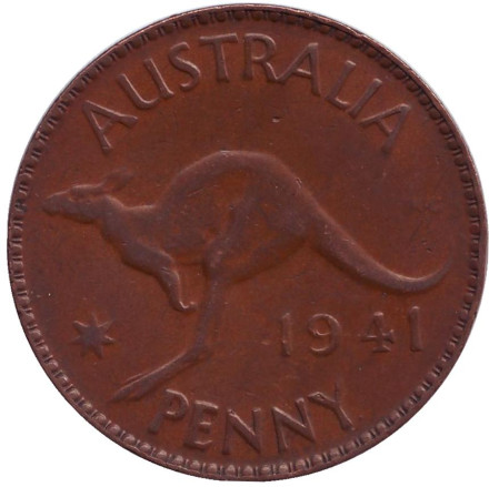 Монета 1 пенни. 1941 год, Австралия. (Точка после "PENNY") Кенгуру.
