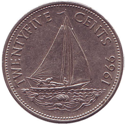 Монета 25 центов. 1966 год, Багамские острова. Парусник.