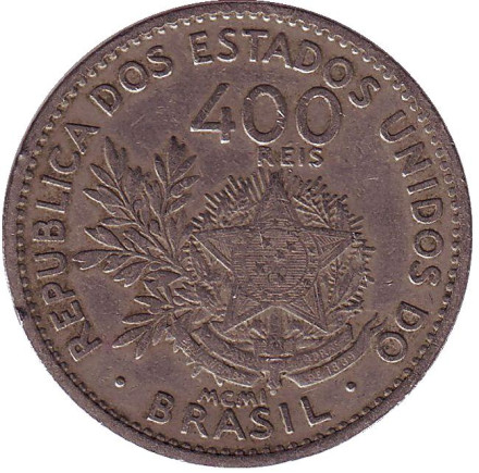 Монета 400 рейсов. 1901 год, Бразилия.