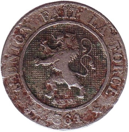 Монета 10 сантимов. 1864 год. Бельгия. Монета 10 сантимов. 1864 год. Бельгия.