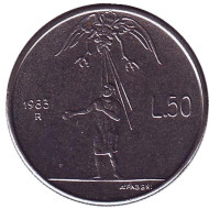 Монета 50 лир. 1983 год, Сан-Марино. Угроза ядерной войны. Монета 50 лир. 1983 год, Сан-Марино. Угроза ядерной войны.