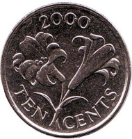 Монета 10 центов. 2000 год, Бермудские острова. Бермудская лилия. Монета 10 центов. 2000 год, Бермудские острова. Бермудская лилия.