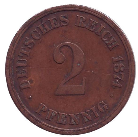 Монета 2 пфеннига. 1874 год (А), Германская империя.