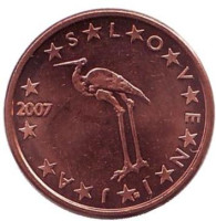 Белый журавль. Монета 1 цент, 2007 год, Словения.