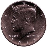 Джон Кеннеди. Монета 1/2 доллара (50 центов), 2016 год (D), США.