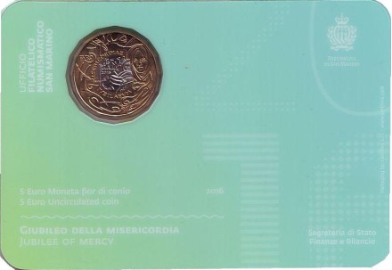 Монета 5 евро. 2016 год, Сан-Марино. (в блистере) Год милосердия. Монета 5 евро. 2016 год, Сан-Марино. (в блистере) Год милосердия.