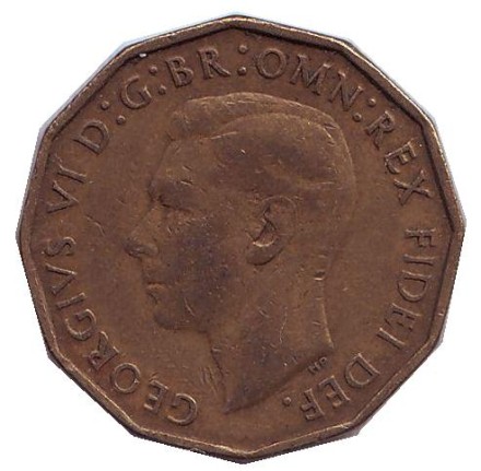 Монета 3 пенса. 1951 год, Великобритания. Лук-порей. Монета 3 пенса. 1951 год, Великобритания. Лук-порей.