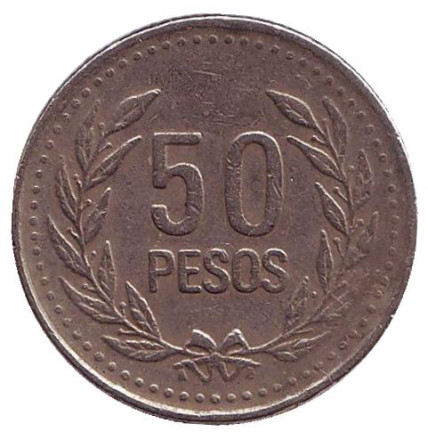 Монета 50 песо. 2004 год, Колумбия.