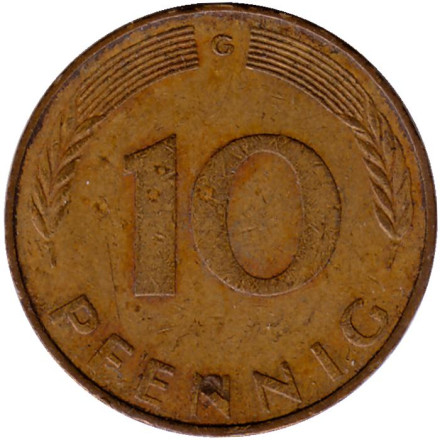 Монета 10 пфеннигов. 1972 год (G), ФРГ. Дубовые листья.