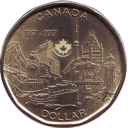 Монета 1 доллар. 2017 год, Канада. 150 лет Конфедерации Канада. Объединённая нация.