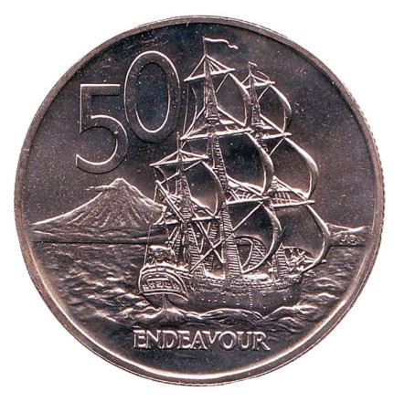 Монета 50 центов. 1985 год, Новая Зеландия. UNC. Парусник "Endeavour".