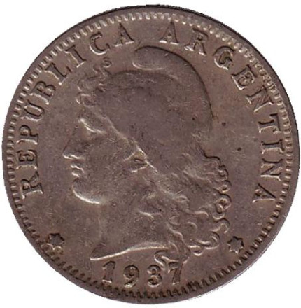 Монета 20 сентаво. 1937 год, Аргентина.