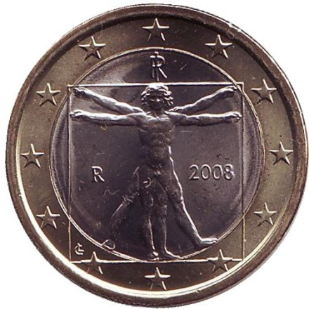 Монета 1 евро, 2008 год, Италия.
