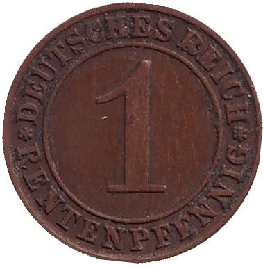 Монета 1 рентенпфенниг. 1923 год (J), Веймарская республика.