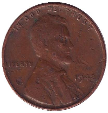 Монета 1 цент. 1942 год (P), США. Линкольн.