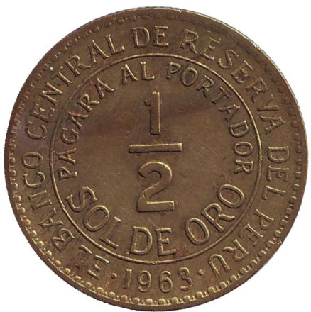 Монета 1/2 соля. 1963 год, Перу.