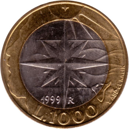 Монета 1000 лир. 1999 год, Сан-Марино. Роза ветров.