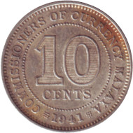 Монета 10 центов. 1941 год, Малайя. Монета 10 центов. 1941 год, Малайя.