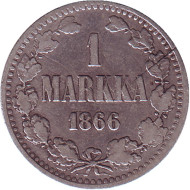 Монета 1 марка. 1866 год, Финляндия в составе Российской Империи. Монета 1 марка. 1866 год, Финляндия в составе Российской Империи.